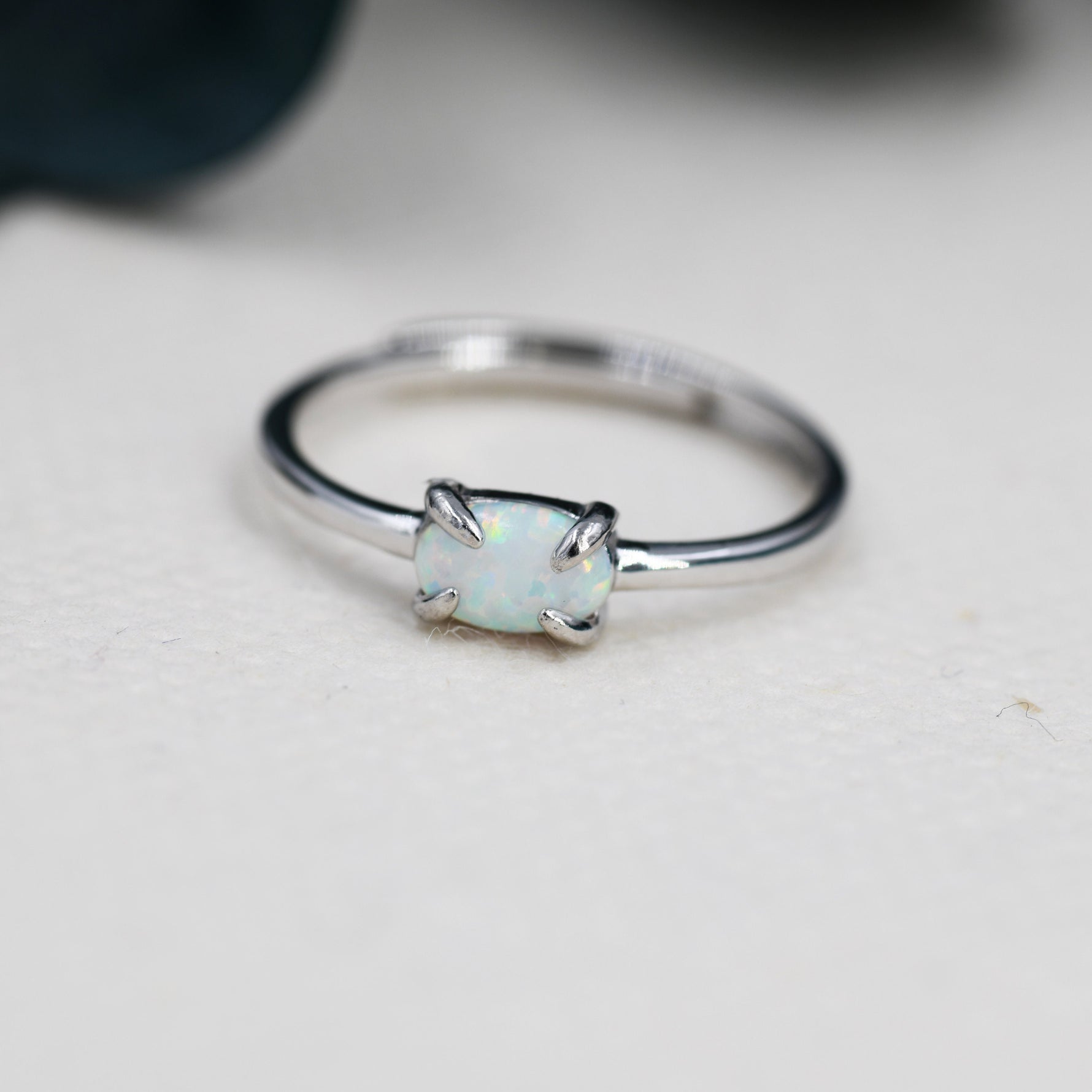 Clawed Fire Opal Oval Ring in Sterling Silver, Adjustable Size Opal Ring, Prong Set, Lab Opal Stone Ring, Opal Ring, Delicate Stacking Ring