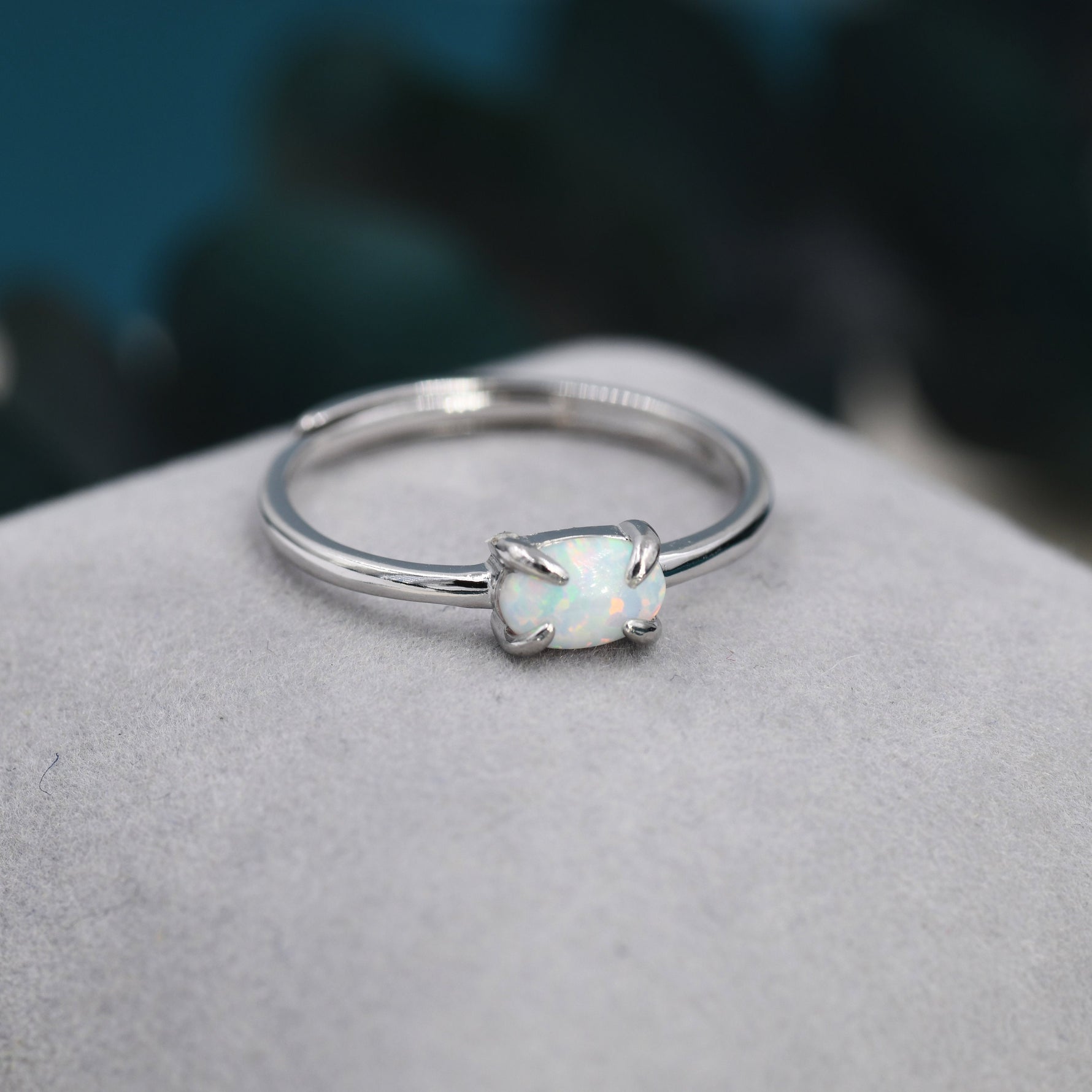 Clawed Fire Opal Oval Ring in Sterling Silver, Adjustable Size Opal Ring, Prong Set, Lab Opal Stone Ring, Opal Ring, Delicate Stacking Ring