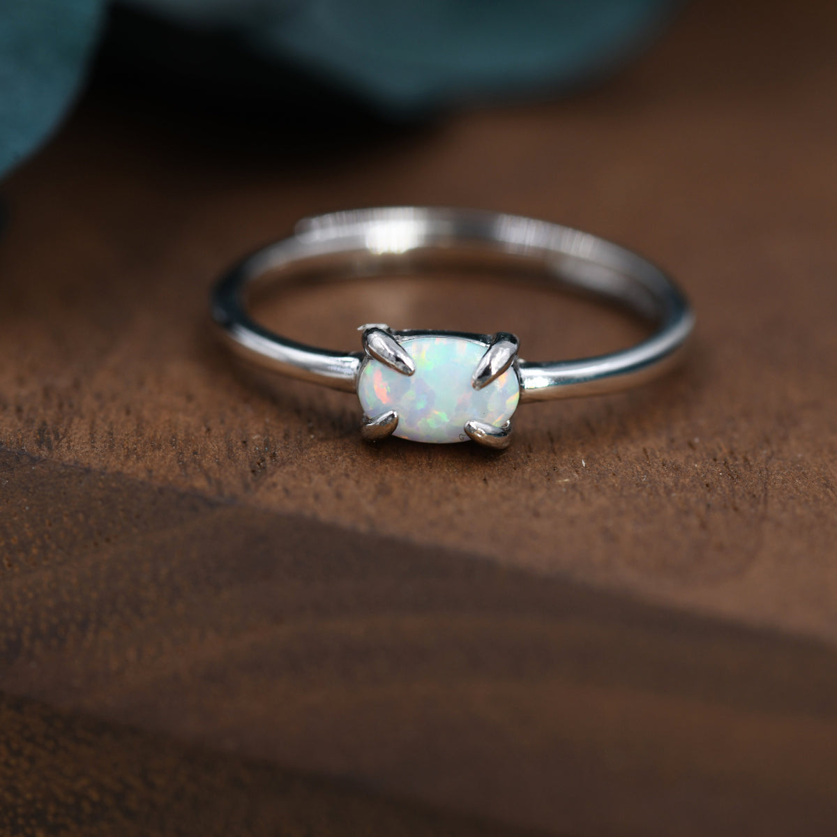 Clawed Fire Opal Oval Ring in Sterling Silver, Adjustable Size Opal Ring, Prong Set, Lab Opal Stone Ring, Opal Ring, Delicate Stacking Ring