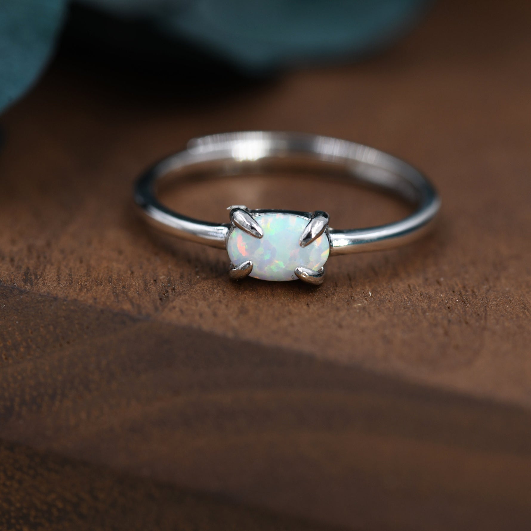 Clawed Fire Opal Oval Ring in Sterling Silver, Adjustable Size Opal Ring, Prong Set, Lab Opal Stone Ring, Opal Ring, Delicate Stacking Ring