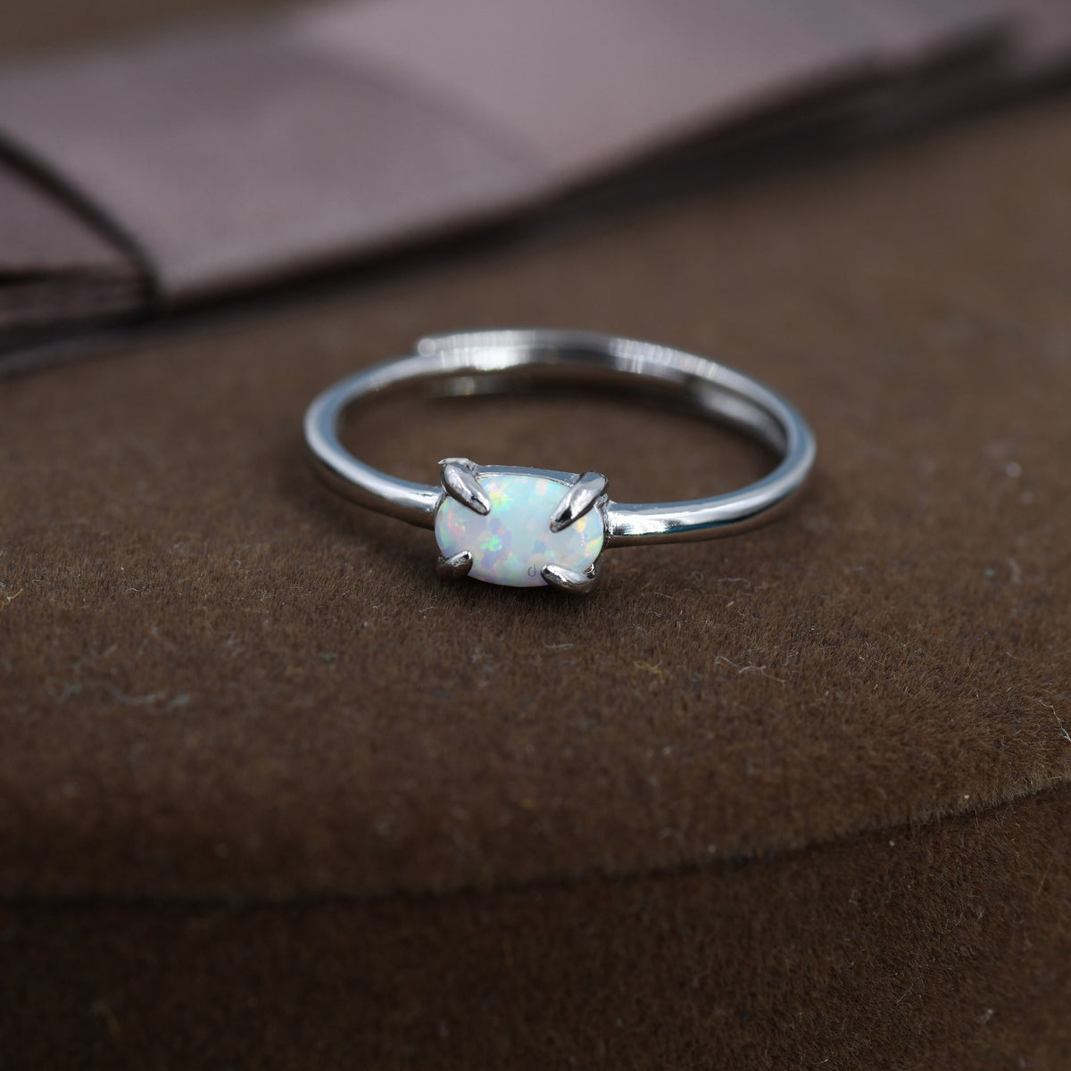 Clawed Fire Opal Oval Ring in Sterling Silver, Adjustable Size Opal Ring, Prong Set, Lab Opal Stone Ring, Opal Ring, Delicate Stacking Ring
