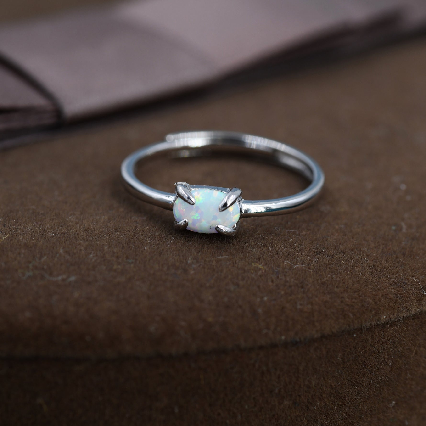 Clawed Fire Opal Oval Ring in Sterling Silver, Adjustable Size Opal Ring, Prong Set, Lab Opal Stone Ring, Opal Ring, Delicate Stacking Ring