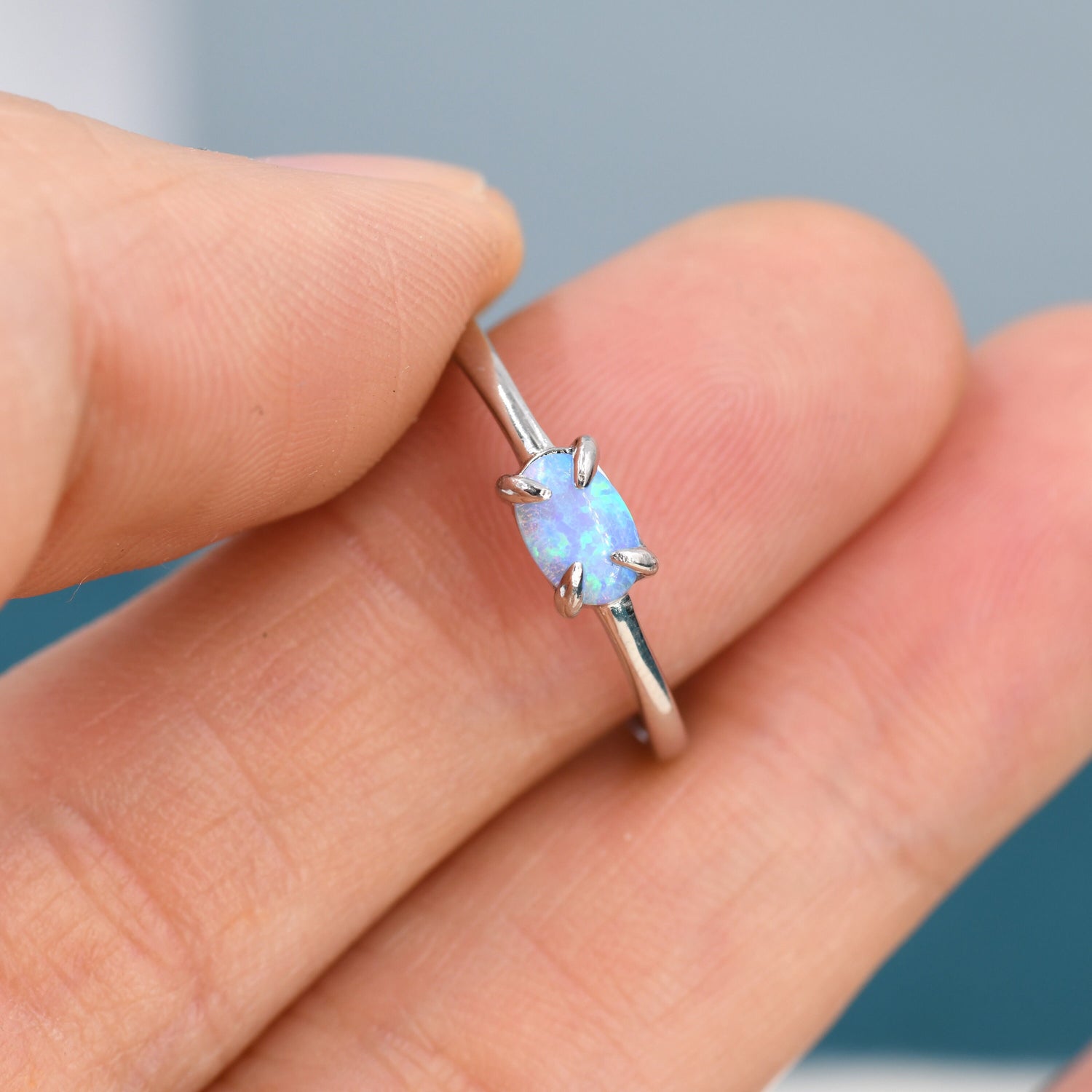 Blue Opal Oval Prong Set Gemstone Ring