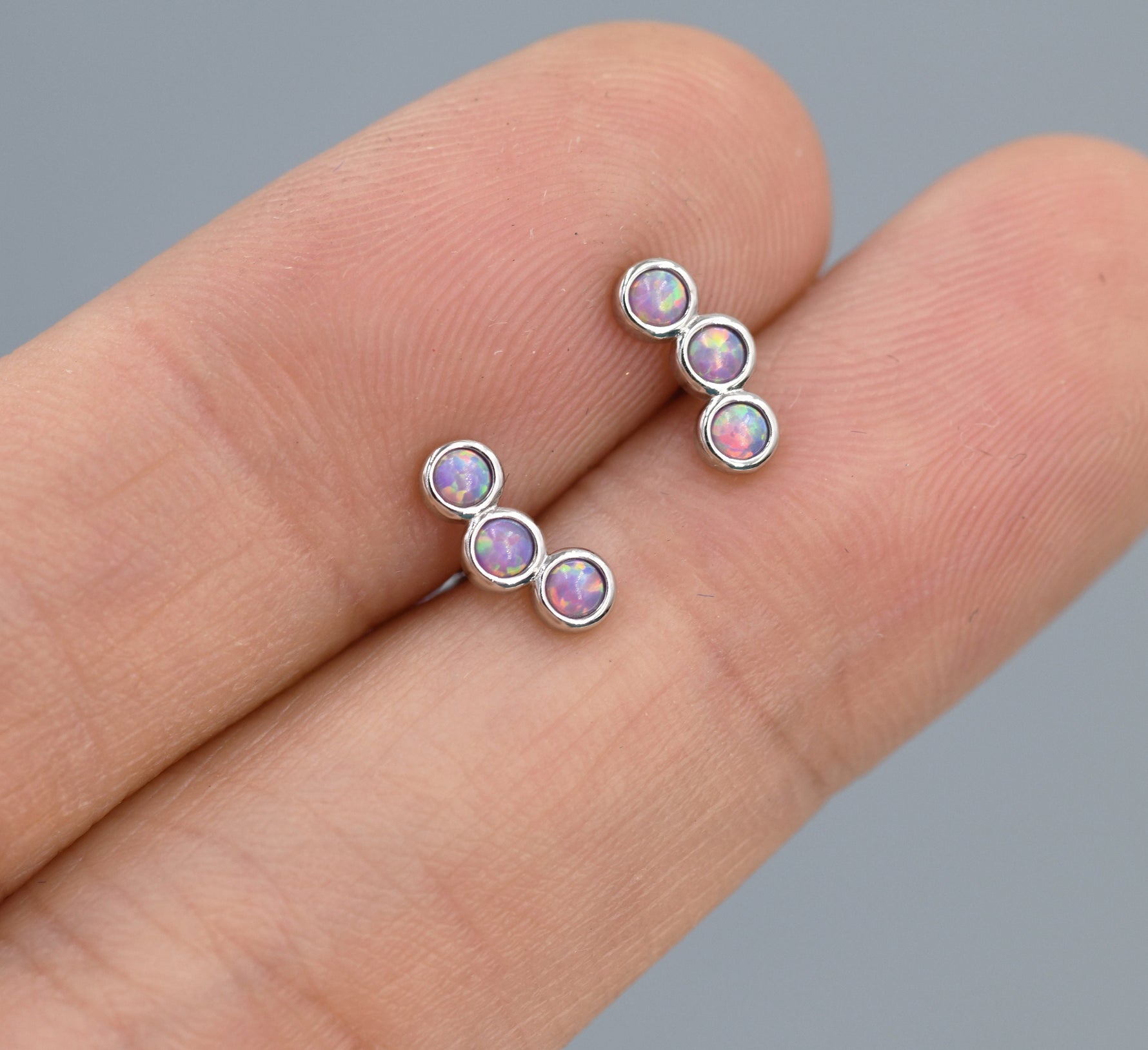 Tiny Purple Opal Trio Stud Earrings in Sterling Silver, Silver or Gold, Curved Bar Three Opal Earrings, Opal Stud, Small Opal Earrings