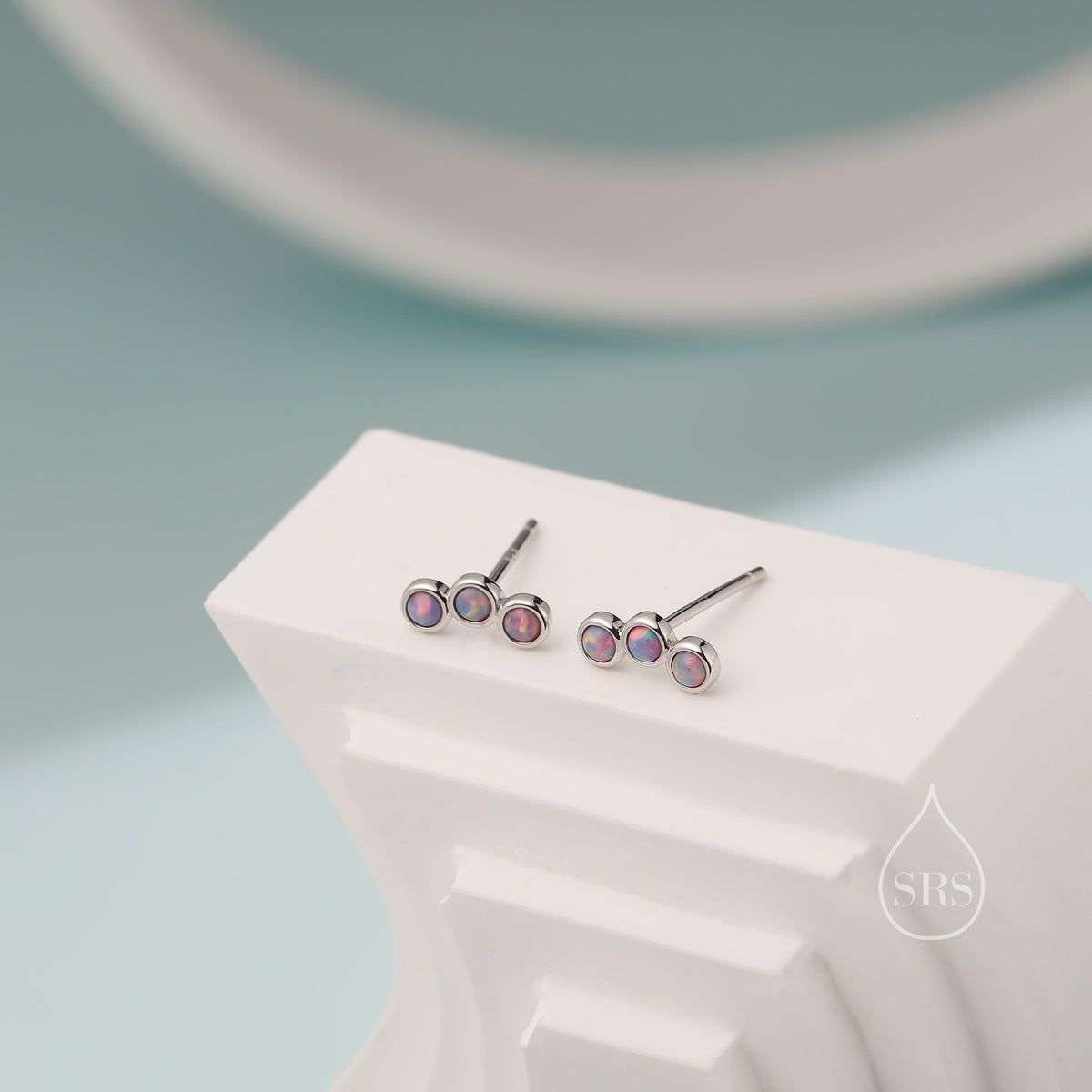 Tiny Purple Opal Trio Stud Earrings in Sterling Silver, Silver or Gold, Curved Bar Three Opal Earrings, Opal Stud, Small Opal Earrings