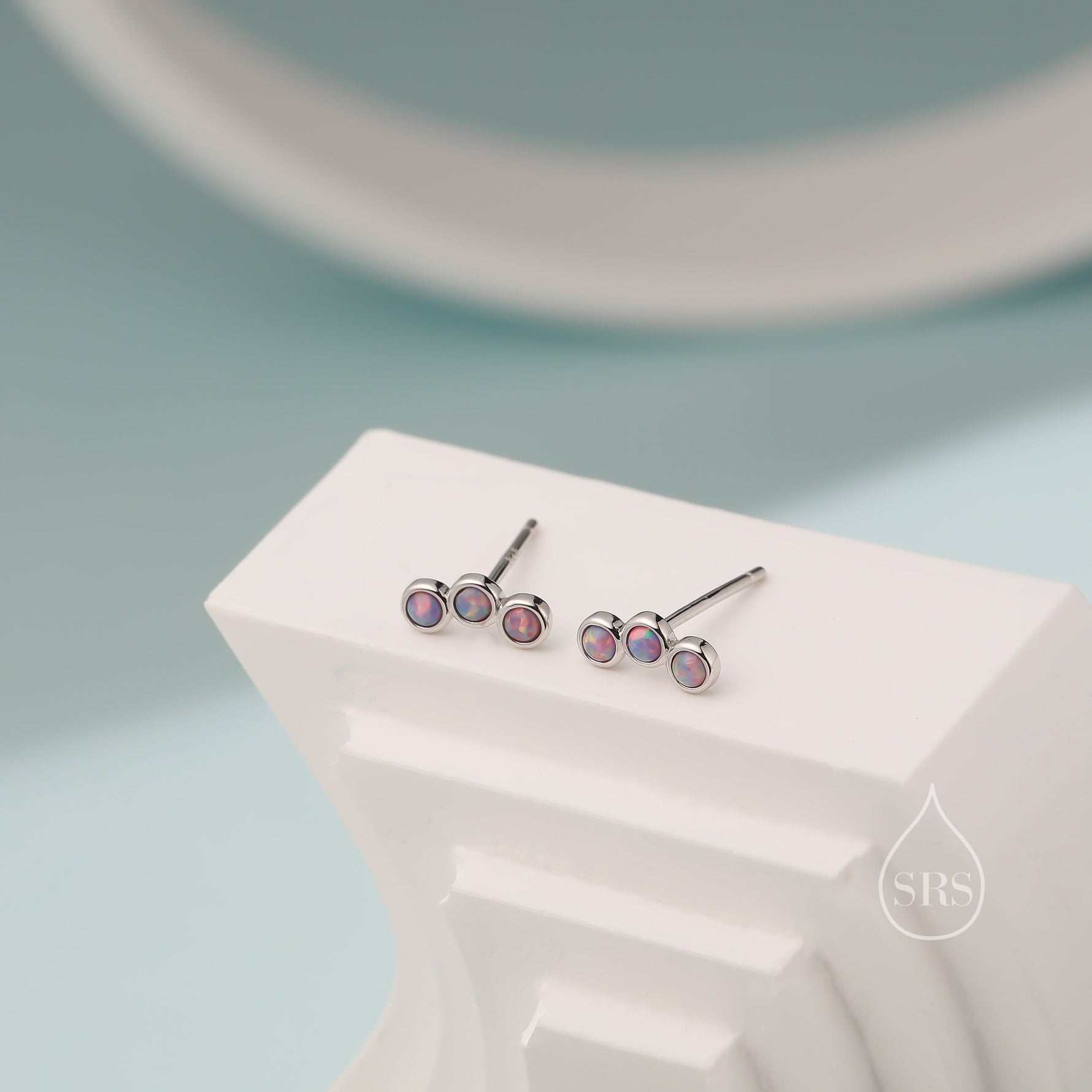 Tiny Purple Opal Trio Stud Earrings in Sterling Silver, Silver or Gold, Curved Bar Three Opal Earrings, Opal Stud, Small Opal Earrings