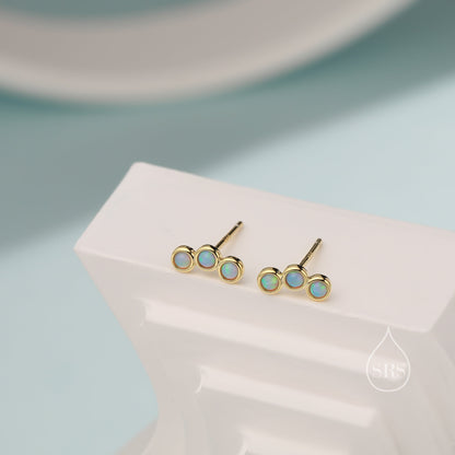 Tiny Blue Opal Trio Stud Earrings in Sterling Silver, Silver or Gold, Curved Bar Three Opal Earrings, Opal Stud, Small Opal Earrings