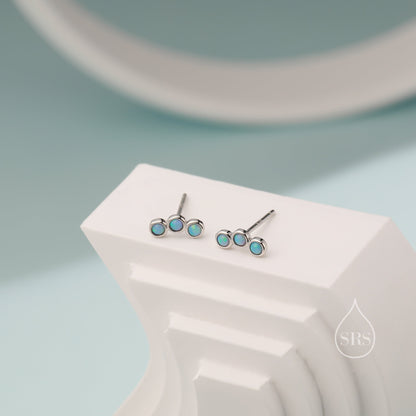 Tiny Blue Opal Trio Stud Earrings in Sterling Silver, Silver or Gold, Curved Bar Three Opal Earrings, Opal Stud, Small Opal Earrings