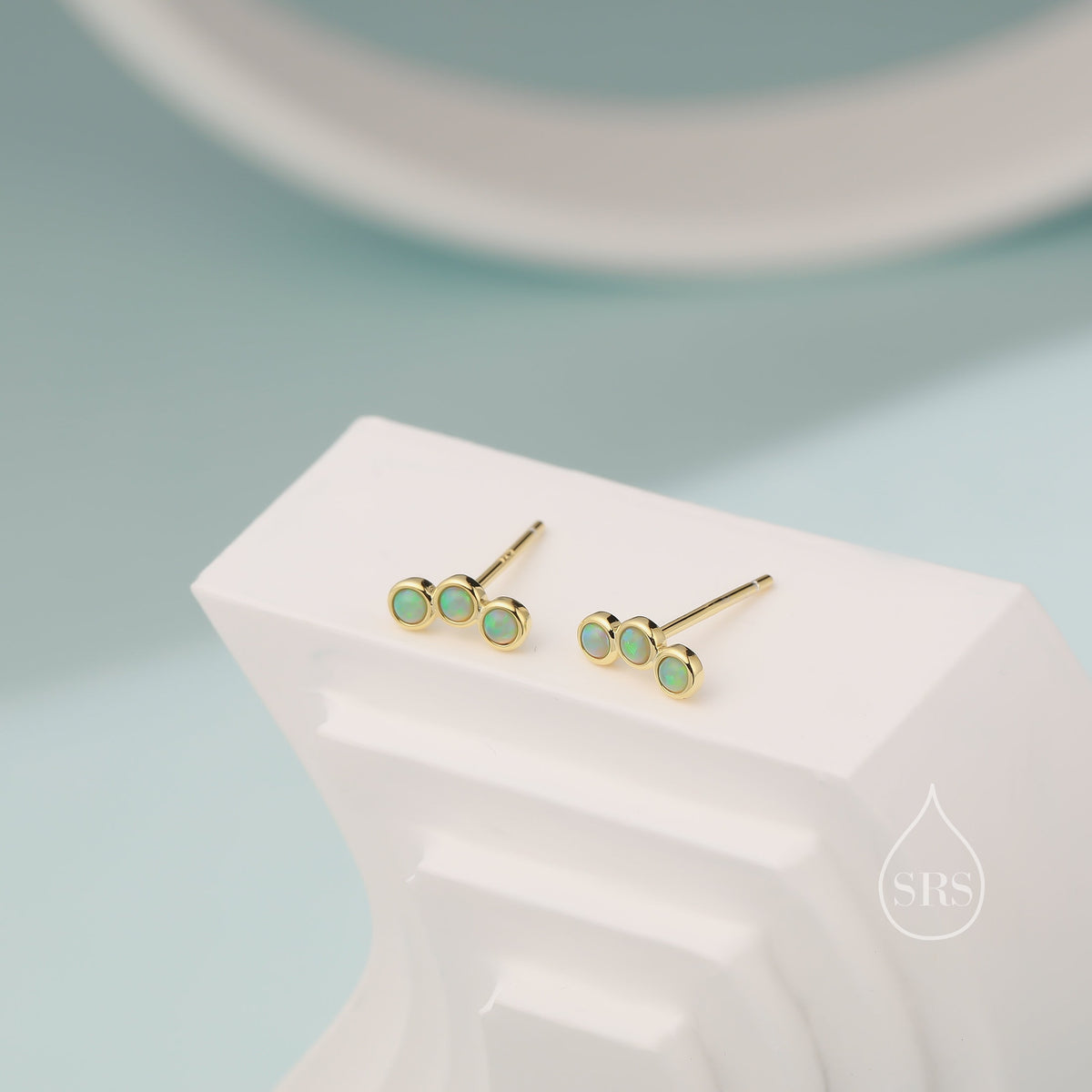 Tiny Green Opal Trio Stud Earrings in Sterling Silver, Silver or Gold, Curved Bar Three Opal Earrings, Opal Stud, Small Opal Earrings