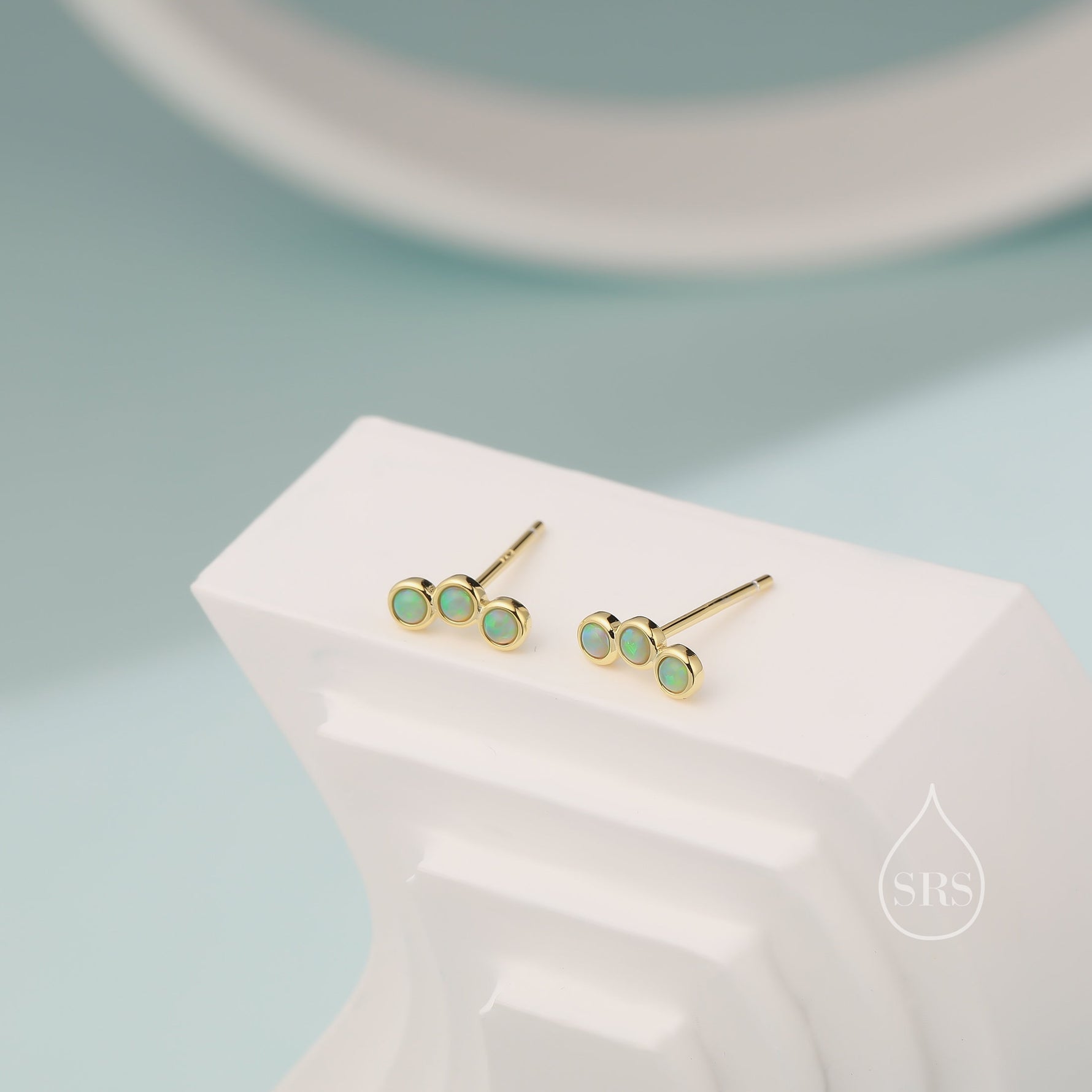 Tiny Green Opal Trio Stud Earrings in Sterling Silver, Silver or Gold, Curved Bar Three Opal Earrings, Opal Stud, Small Opal Earrings