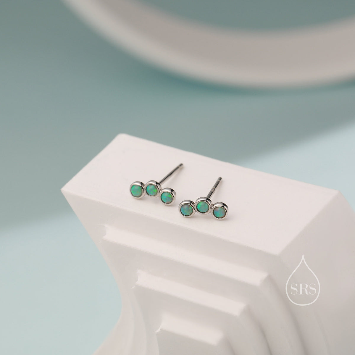 Tiny Green Opal Trio Stud Earrings in Sterling Silver, Silver or Gold, Curved Bar Three Opal Earrings, Opal Stud, Small Opal Earrings