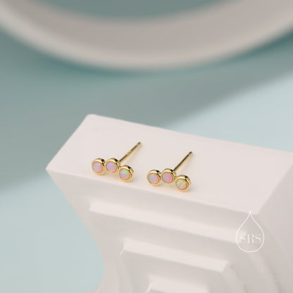 Tiny Pink Opal Trio Stud Earrings in Sterling Silver, Silver or Gold, Curved Bar Three Opal Earrings, Opal Stud, Small Opal Earrings