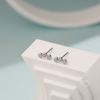 Tiny Pink Opal Trio Stud Earrings in Sterling Silver, Silver or Gold, Curved Bar Three Opal Earrings, Opal Stud, Small Opal Earrings