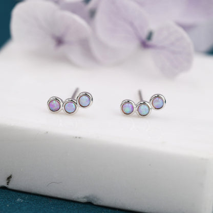 Tiny Pink Opal Trio Stud Earrings in Sterling Silver, Silver or Gold, Curved Bar Three Opal Earrings, Opal Stud, Small Opal Earrings