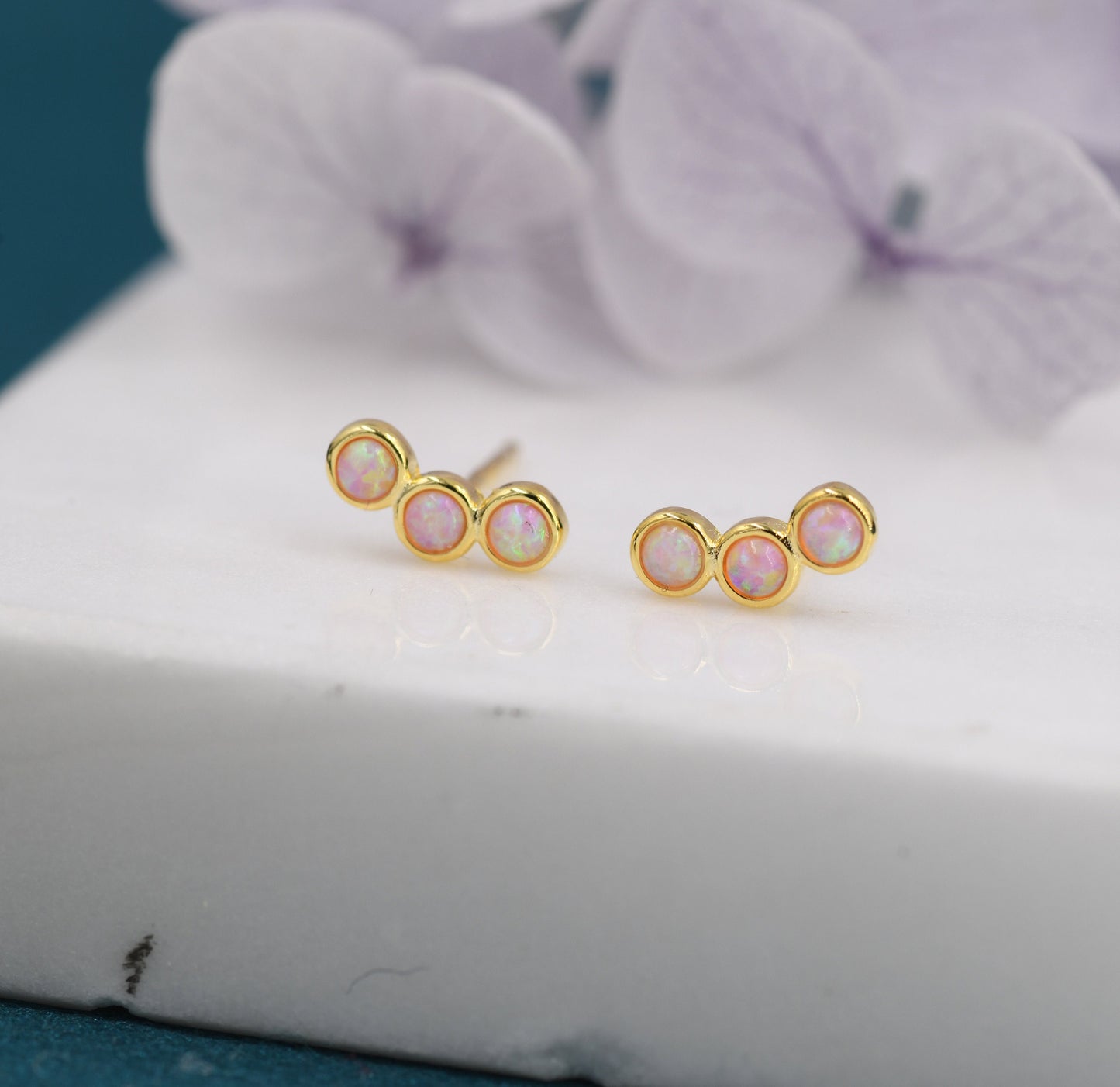 Tiny Pink Opal Trio Stud Earrings in Sterling Silver, Silver or Gold, Curved Bar Three Opal Earrings, Opal Stud, Small Opal Earrings