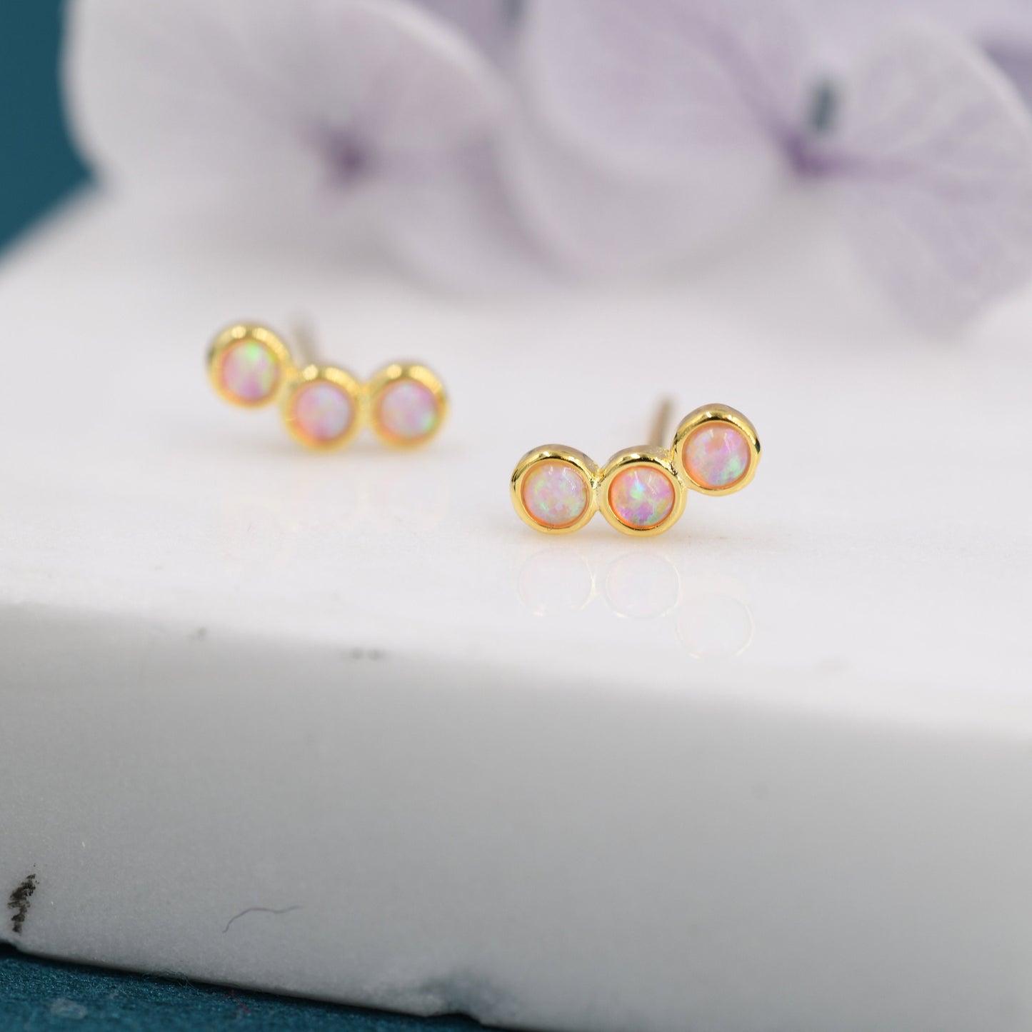 Tiny Pink Opal Trio Stud Earrings in Sterling Silver, Silver or Gold, Curved Bar Three Opal Earrings, Opal Stud, Small Opal Earrings