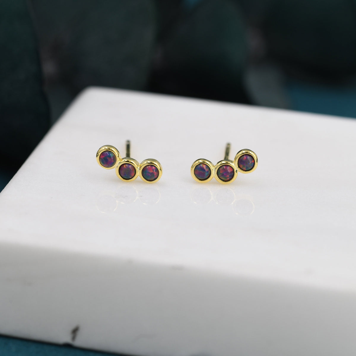 Tiny Black Opal Trio Stud Earrings in Sterling Silver, Silver or Gold, Curved Bar Three Opal Earrings, Opal Stud, Small Opal Earrings