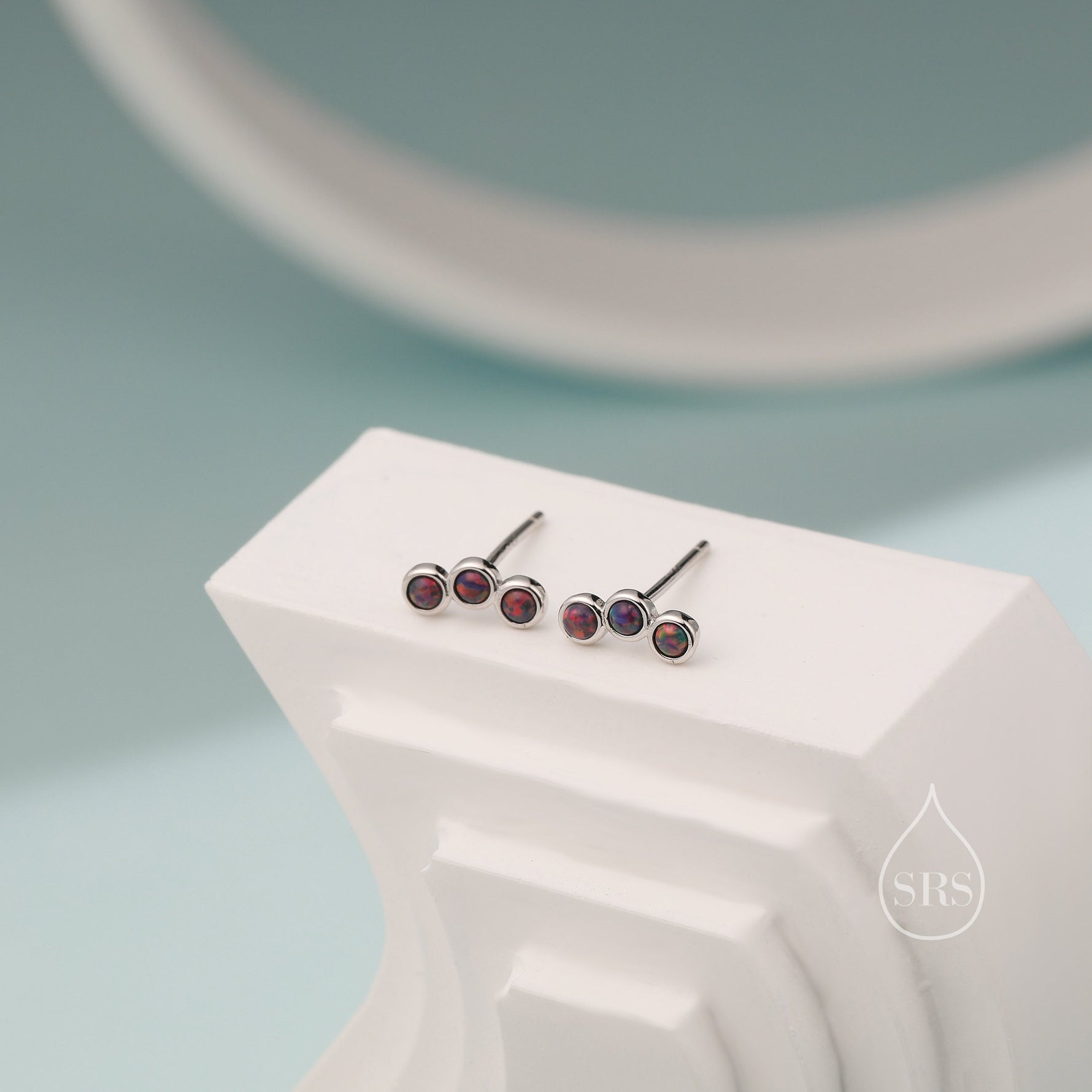 Tiny Black Opal Trio Stud Earrings in Sterling Silver, Silver or Gold, Curved Bar Three Opal Earrings, Opal Stud, Small Opal Earrings