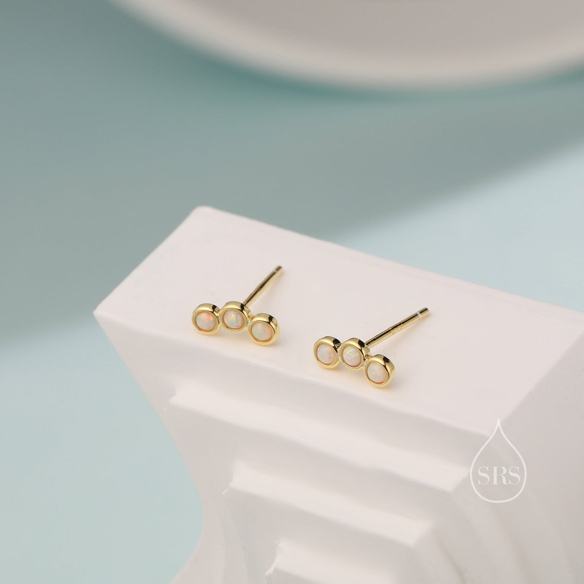Tiny White Opal Trio Stud Earrings in Sterling Silver, Silver or Gold, Curved Bar Three Opal Earrings, Opal Stud, Small Opal Earrings