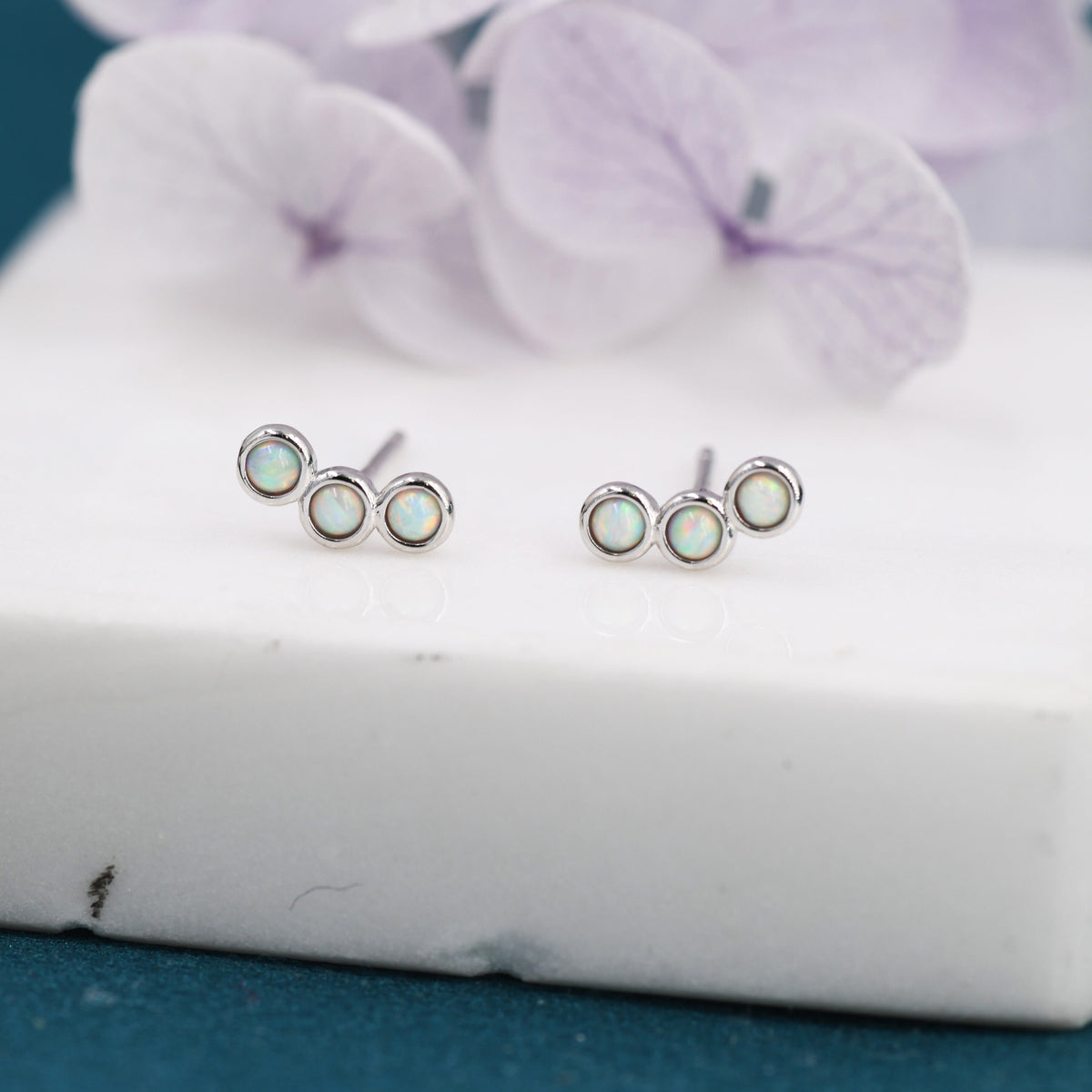 Tiny White Opal Trio Stud Earrings in Sterling Silver, Silver or Gold, Curved Bar Three Opal Earrings, Opal Stud, Small Opal Earrings