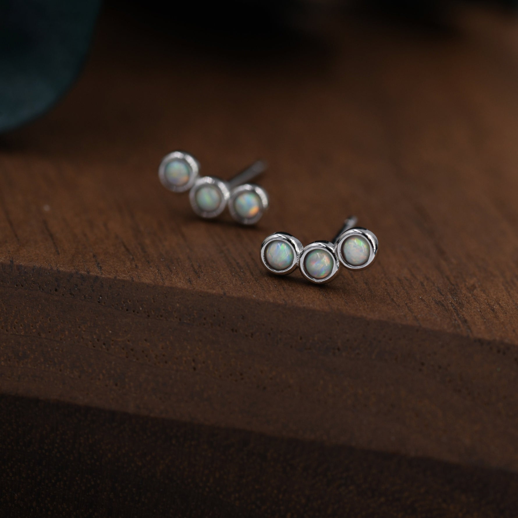 Tiny White Opal Trio Stud Earrings in Sterling Silver, Silver or Gold, Curved Bar Three Opal Earrings, Opal Stud, Small Opal Earrings
