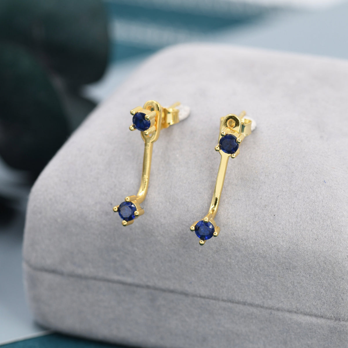 Double Sapphire Blue CZ Ear Jacket in Sterling Silver, Silver or Gold, Front and Back Earrings, Two Part Earrings