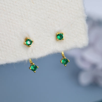 Double Emerald Green CZ Ear Jacket in Sterling Silver,  Silver or Gold, Front and Back Earrings, Two Part Earrings