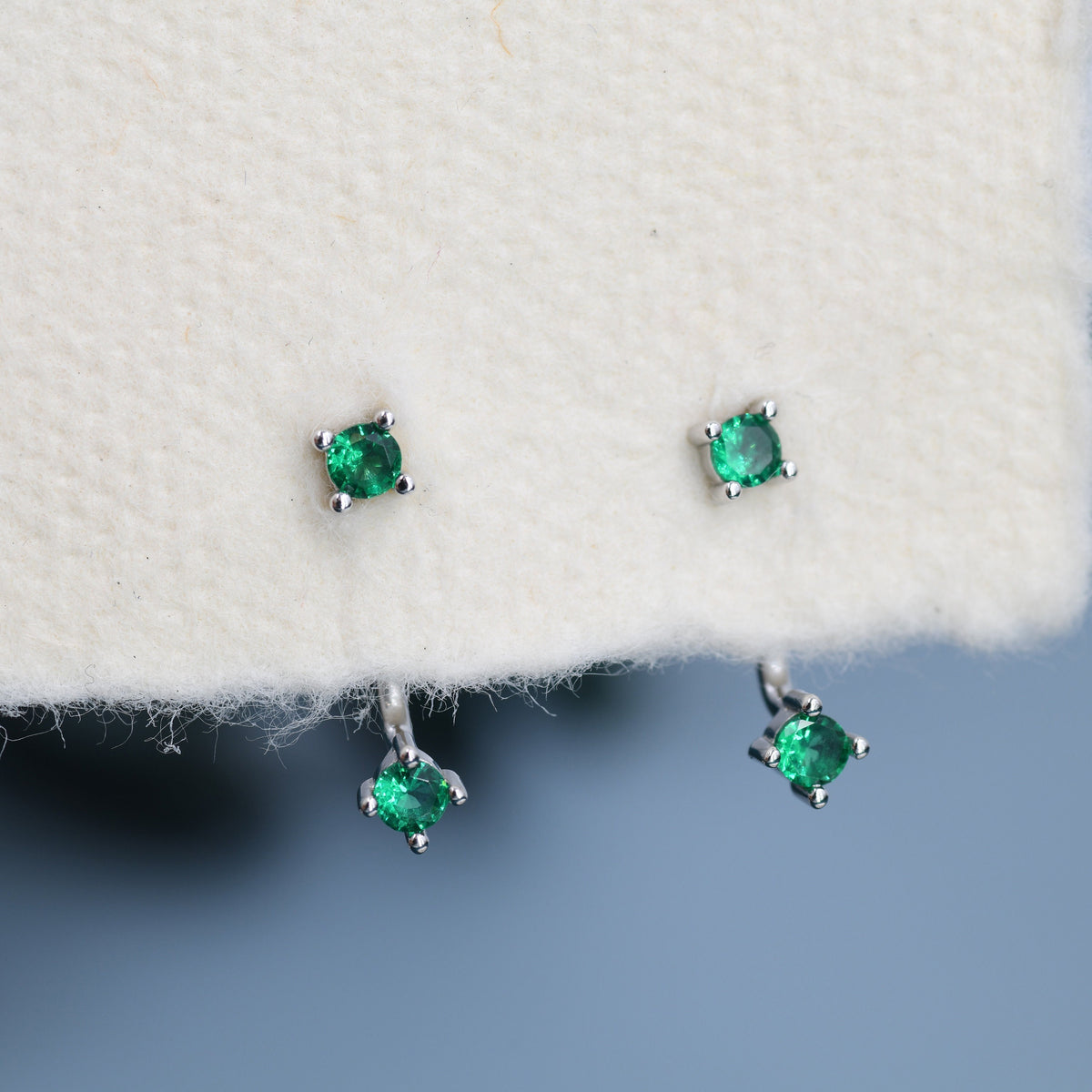 Double Emerald Green CZ Ear Jacket in Sterling Silver, Silver or Gold, Front and Back Earrings, Two Part Earrings