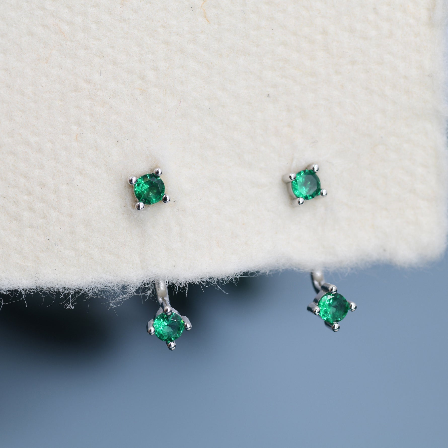 Double Emerald Green CZ Ear Jacket in Sterling Silver, Silver or Gold, Front and Back Earrings, Two Part Earrings