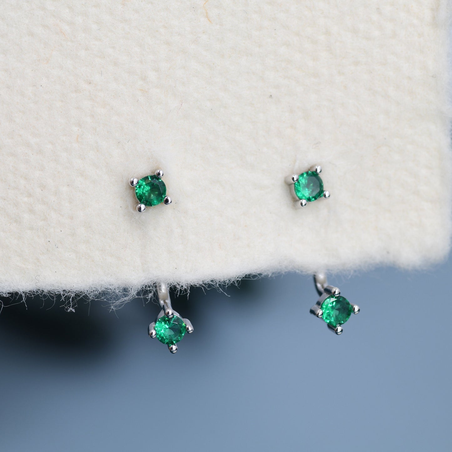 Double Emerald Green CZ Ear Jacket in Sterling Silver,  Silver or Gold, Front and Back Earrings, Two Part Earrings