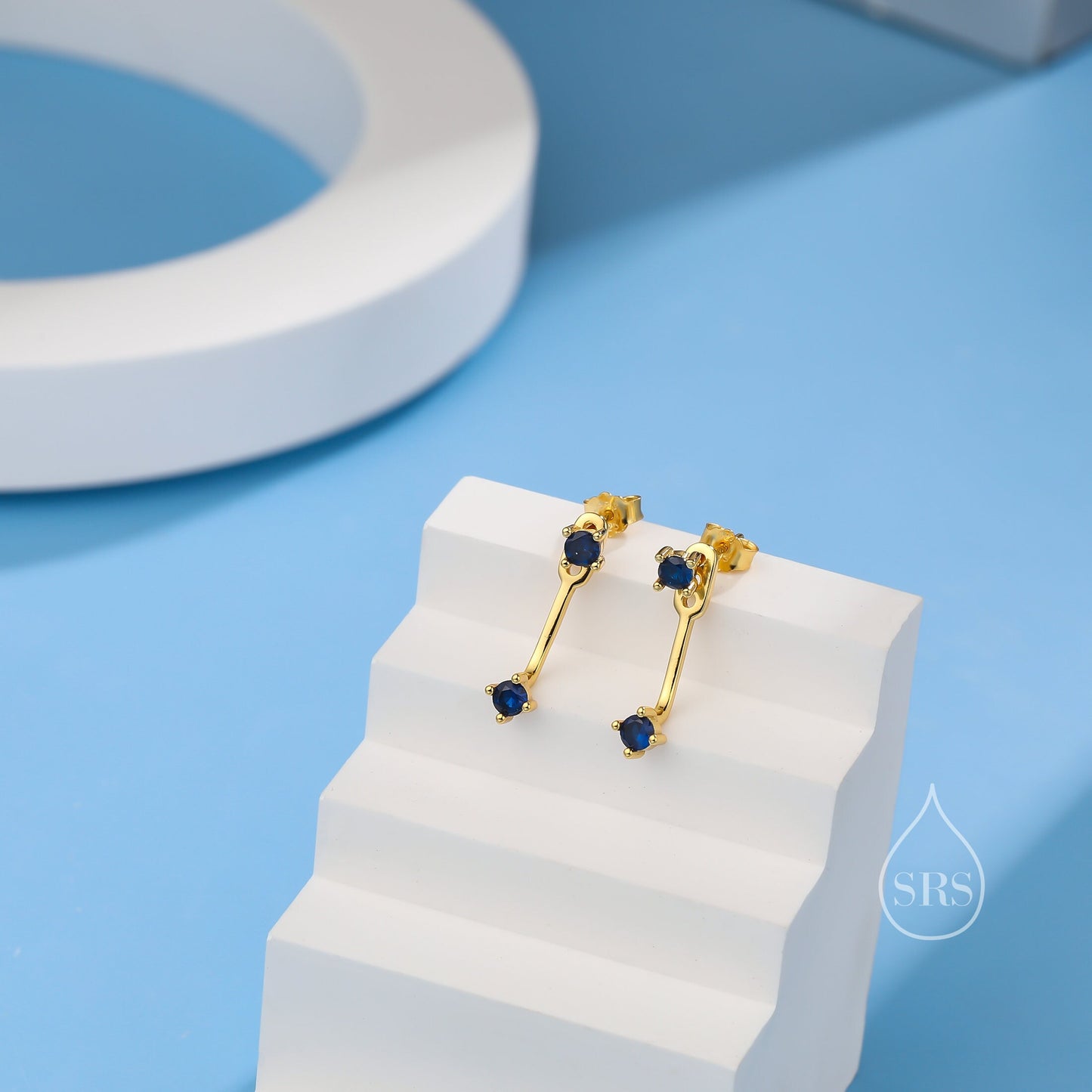 Double Sapphire Blue CZ Ear Jacket in Sterling Silver, Silver or Gold, Front and Back Earrings, Two Part Earrings