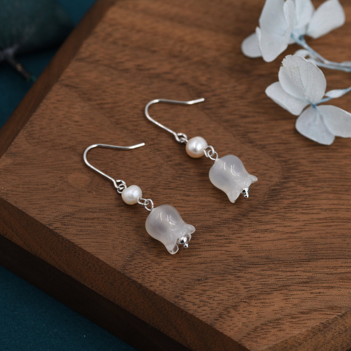 Carved Jade Lily of the valley Earrings in Sterling Silver with Natural Freshwater Pearls, Genuine Jade Flower Dangle Earrings,