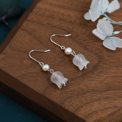 Carved Jade Lily of the valley Earrings in Sterling Silver with Natural Freshwater Pearls, Genuine Jade Flower Dangle Earrings,