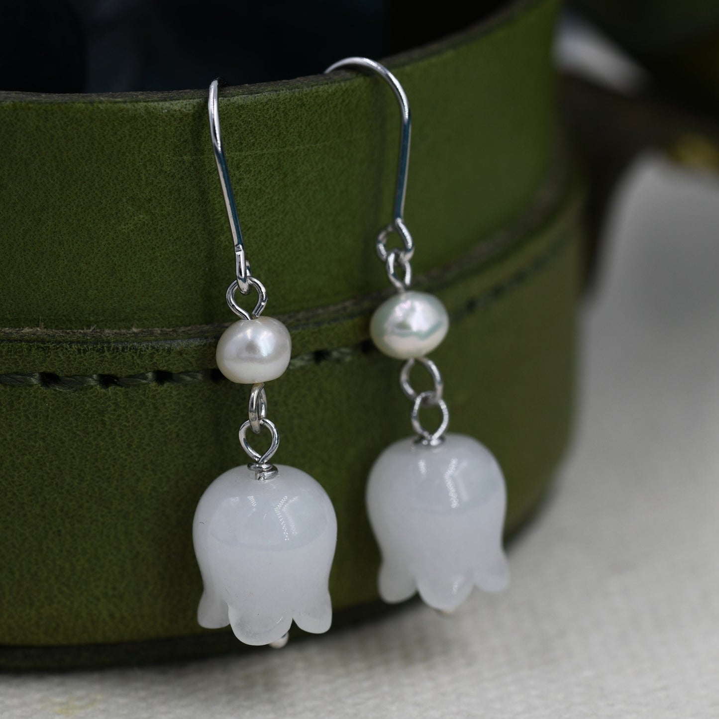 Carved Jade Lily of the valley Earrings in Sterling Silver with Natural Freshwater Pearls, Genuine Jade Flower Dangle Earrings,