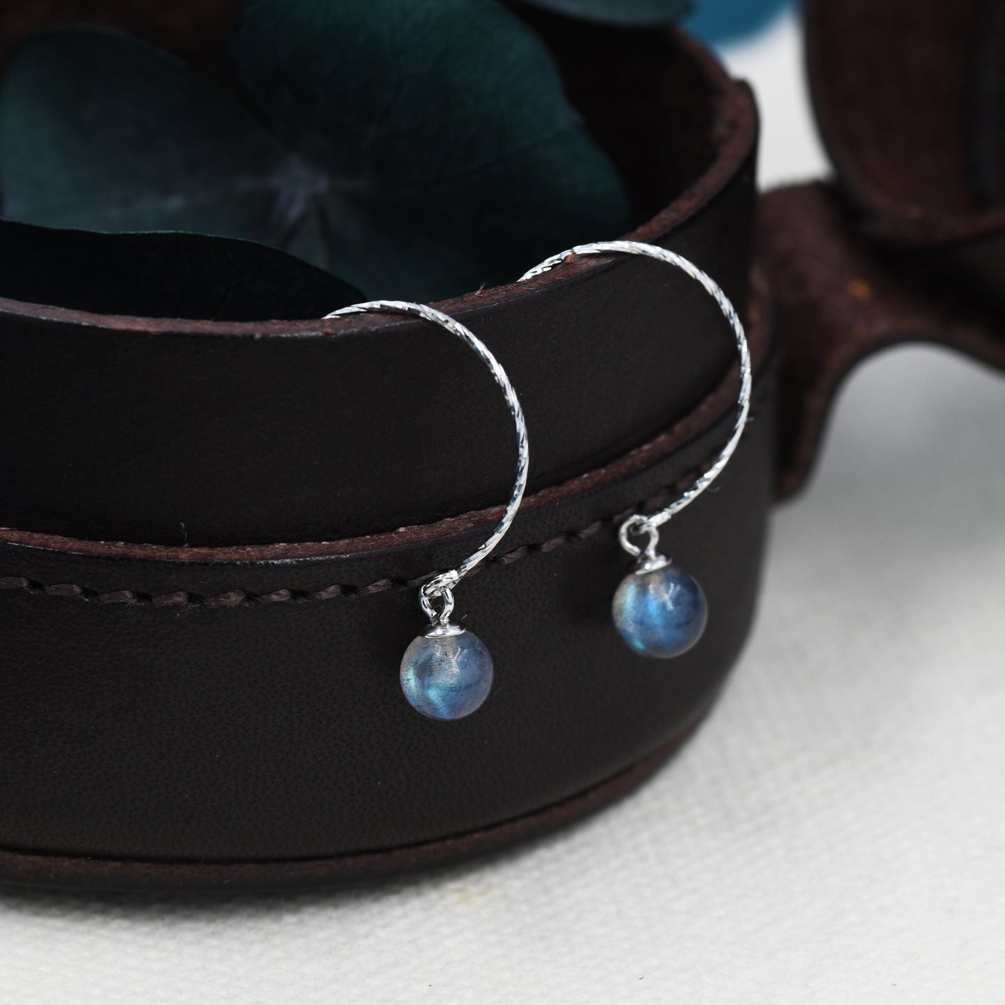 Genuine Labradorite Dangle Earrings in Sterling Silver, 15mm Hook Earrings, Round Hoop Labradorite Beaded Earrings