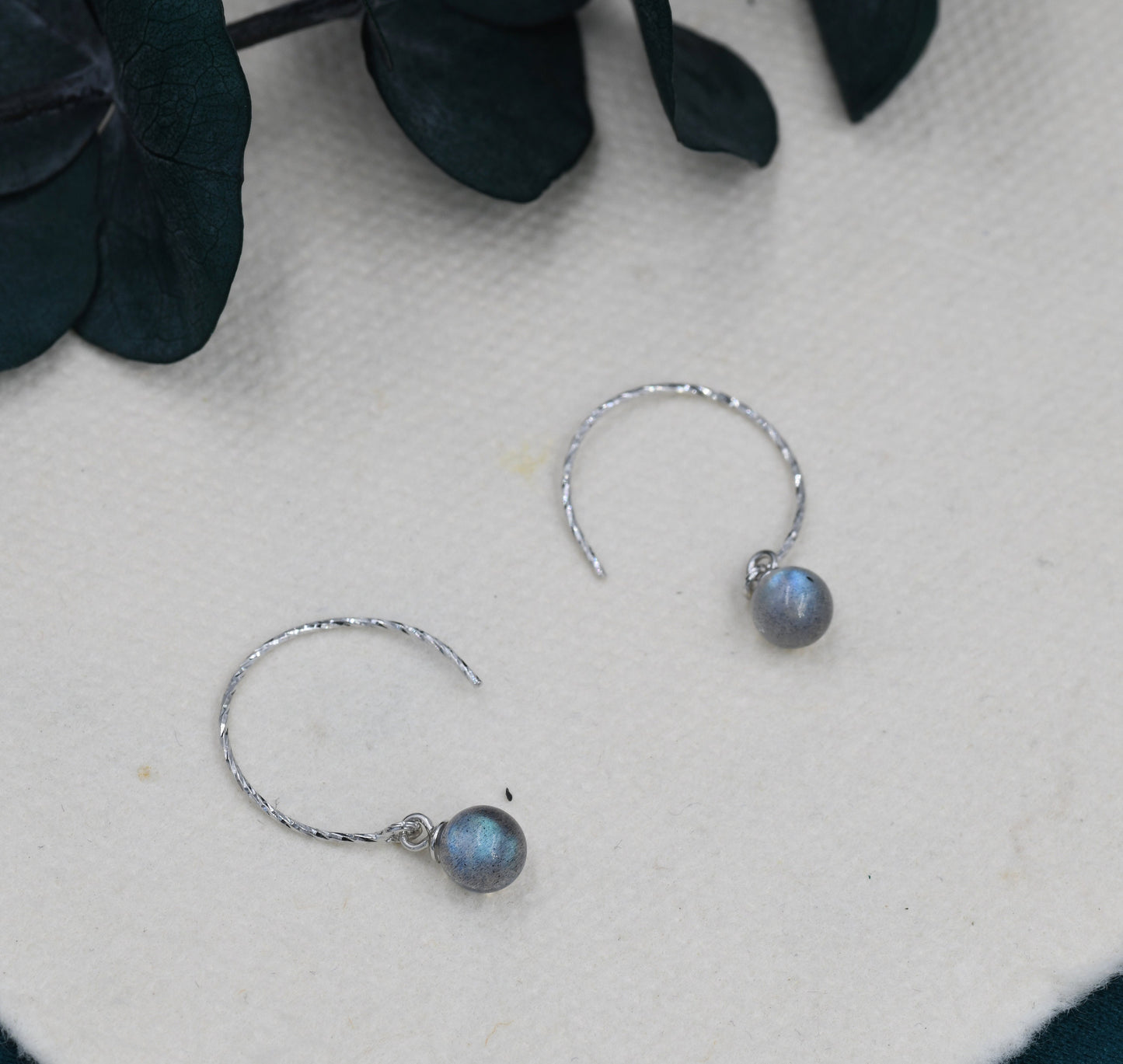 Genuine Labradorite Dangle Earrings in Sterling Silver, 15mm Hook Earrings, Round Hoop Labradorite Beaded Earrings