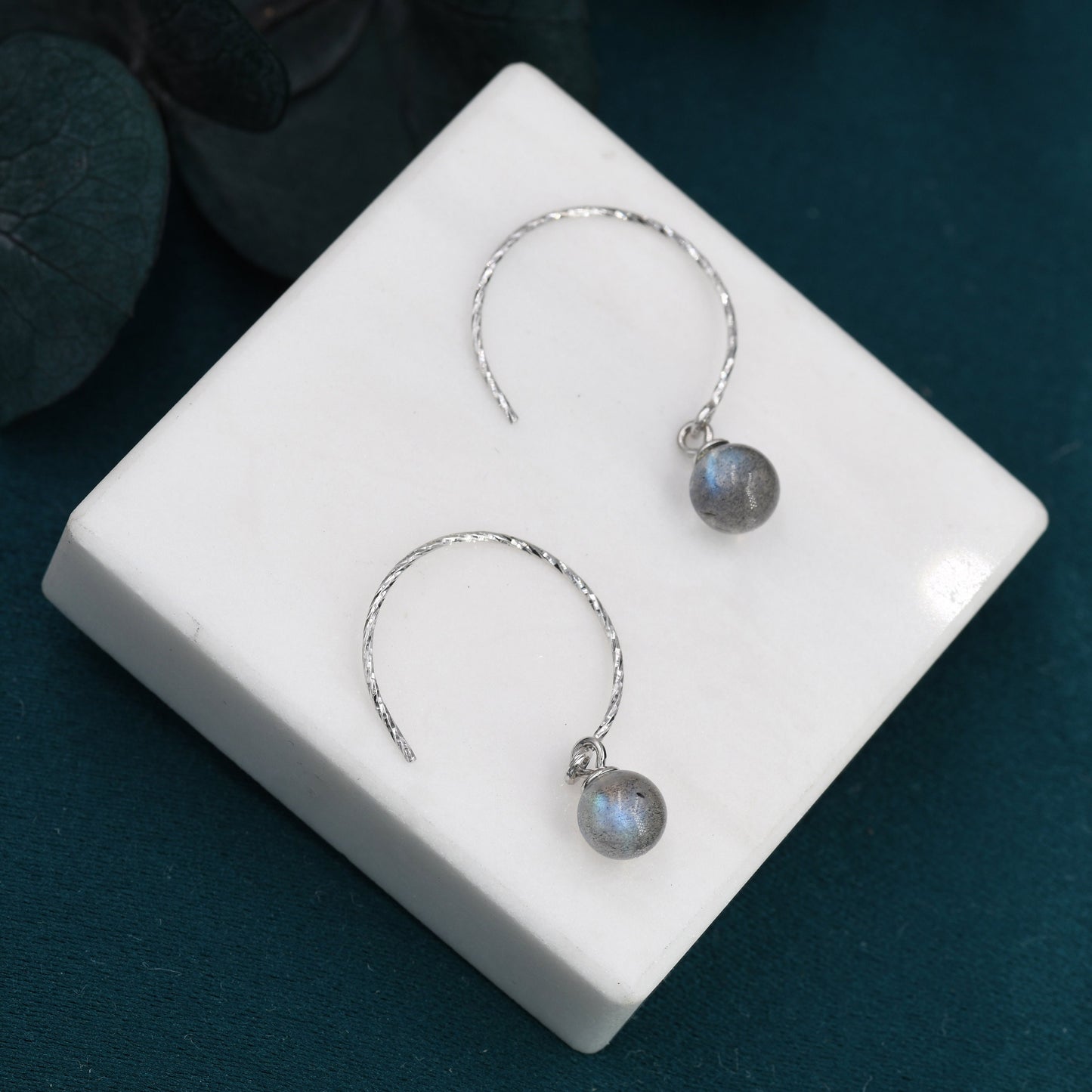 Genuine Labradorite Dangle Earrings in Sterling Silver, 15mm Hook Earrings, Round Hoop Labradorite Beaded Earrings