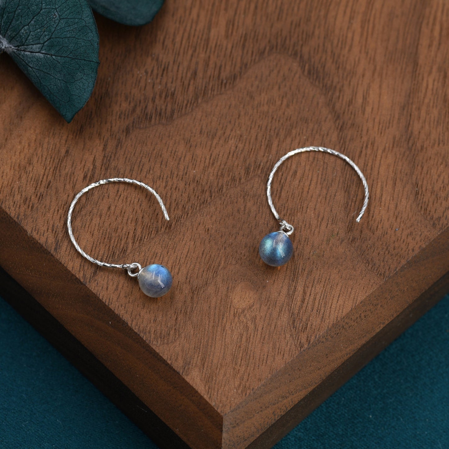 Genuine Labradorite Dangle Earrings in Sterling Silver, 15mm Hook Earrings, Round Hoop Labradorite Beaded Earrings