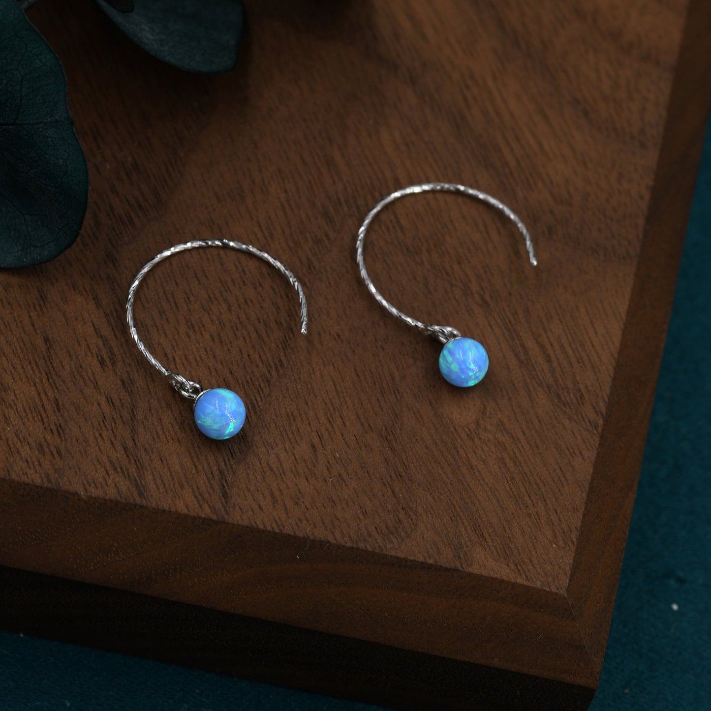 Blue  Opal Bead Dangle Earrings in Sterling Silver, 15mm Hook Earrings, Round Hoop Lab Opal Beaded Earrings