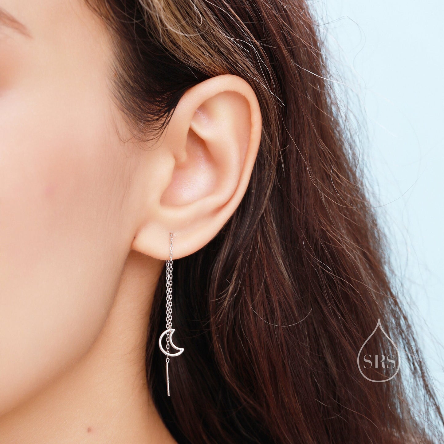 Open Moon Ear Threaders in Sterling Silver,  Delicate Hollow Moon Threader Earrings, Dainty Open Moon Dangle Earrings