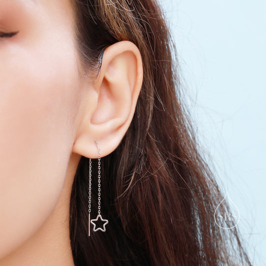 Sterling Silver Open Star Long Ear Threaders,  Delicate Star Threader Earrings, Dainty Open Star Dangle Earrings, Star Earrings