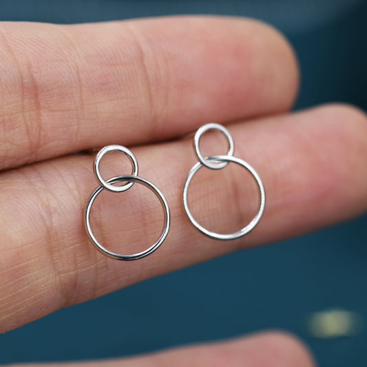 Delicate Double Ring Drop Stud Earrings in Sterling Silver,  Two Circle Earrings, Two Ring Earrings, Interlinking Rings