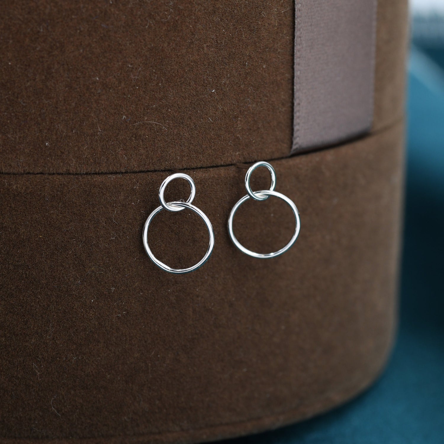 Delicate Double Ring Drop Stud Earrings in Sterling Silver,  Two Circle Earrings, Two Ring Earrings, Interlinking Rings