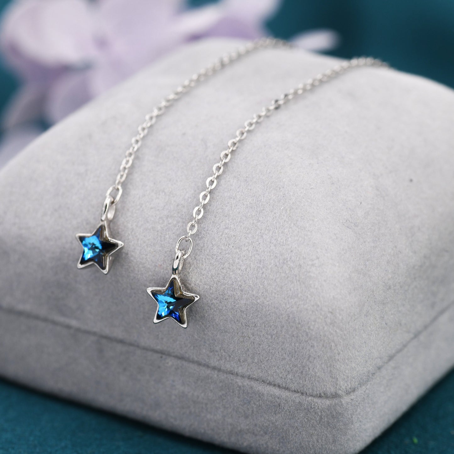 Tiny CZ Star Threader Earrings in Sterling Silver, Tiny Blue Star Drop Earrings, Solid Silver Small Crystal Star Ear Threaders