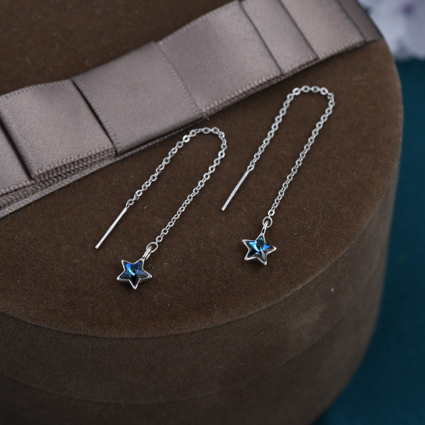 Tiny CZ Star Threader Earrings in Sterling Silver, Tiny Blue Star Drop Earrings, Solid Silver Small Crystal Star Ear Threaders