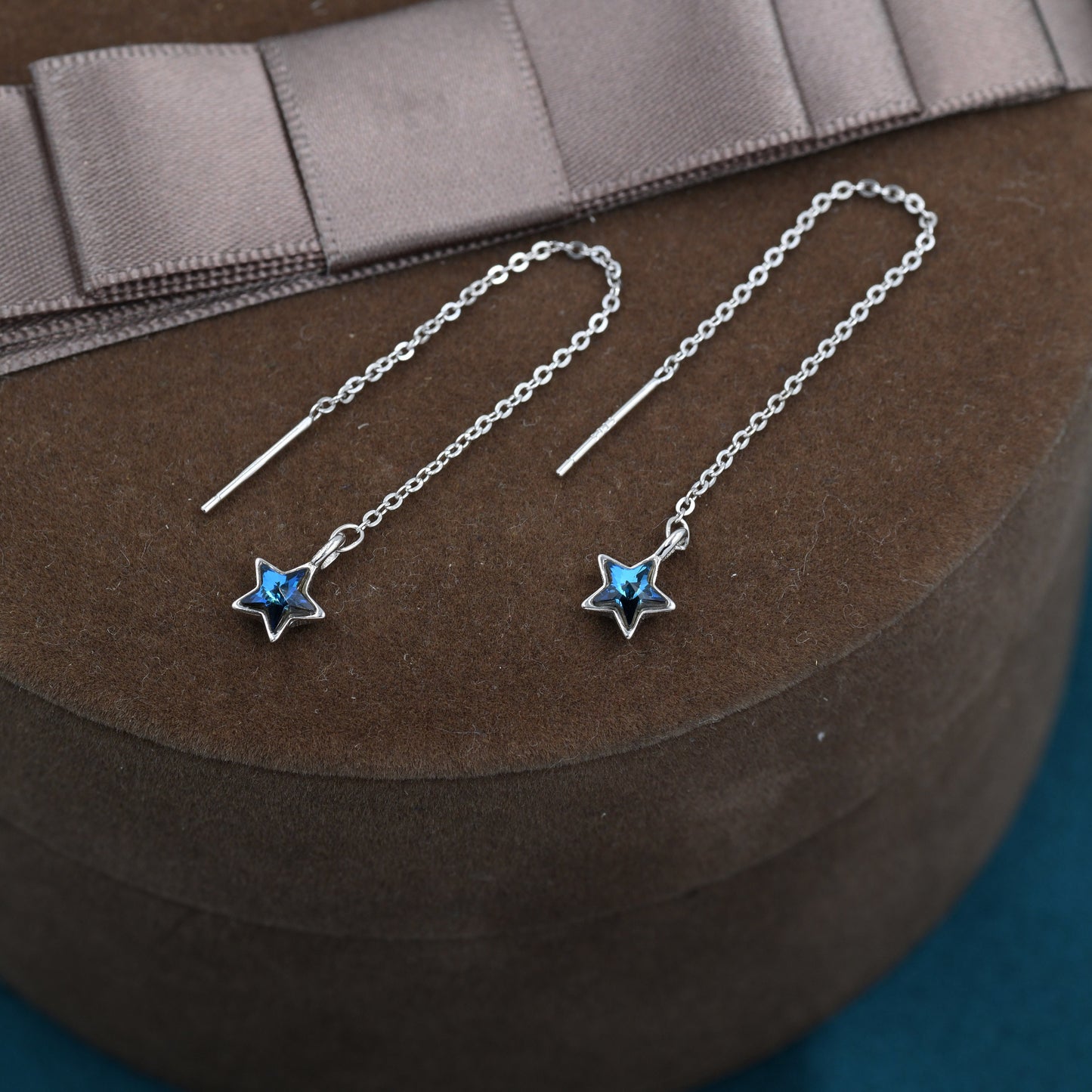 Tiny CZ Star Threader Earrings in Sterling Silver, Tiny Blue Star Drop Earrings, Solid Silver Small Crystal Star Ear Threaders