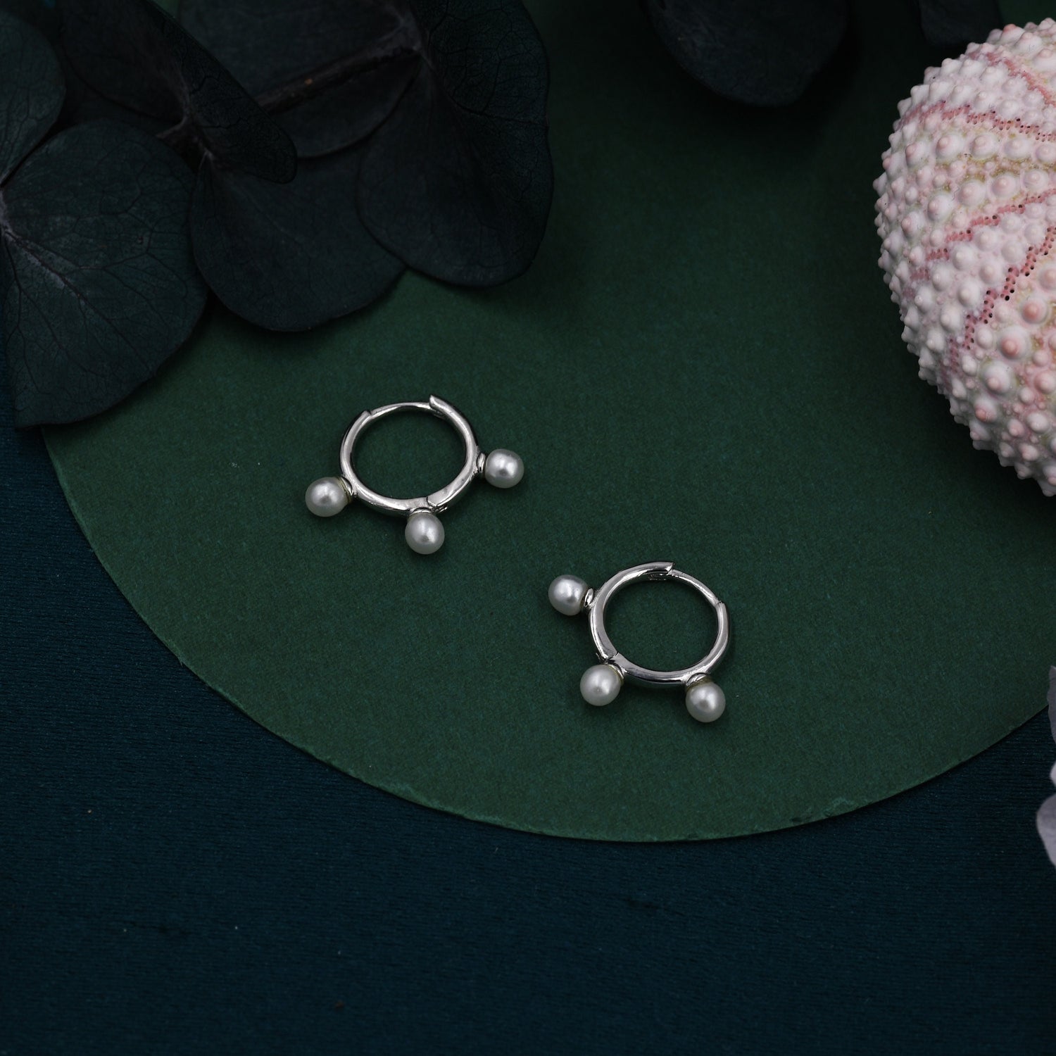 Three Pearl Huggie Hoop Earrings in Sterling Silver, Triple Pearl Hoop Earrings