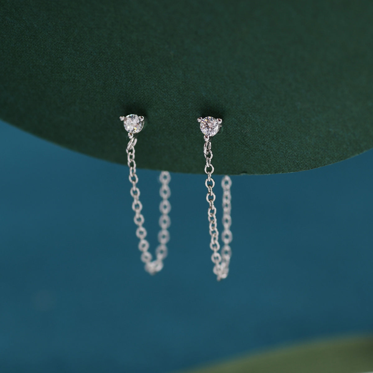 CZ and Chain Ear Jacket in Sterling Silver, Silver or Gold, Front and Back Earrings, Two Part Earrings, CZ with Linking Chain Earrings