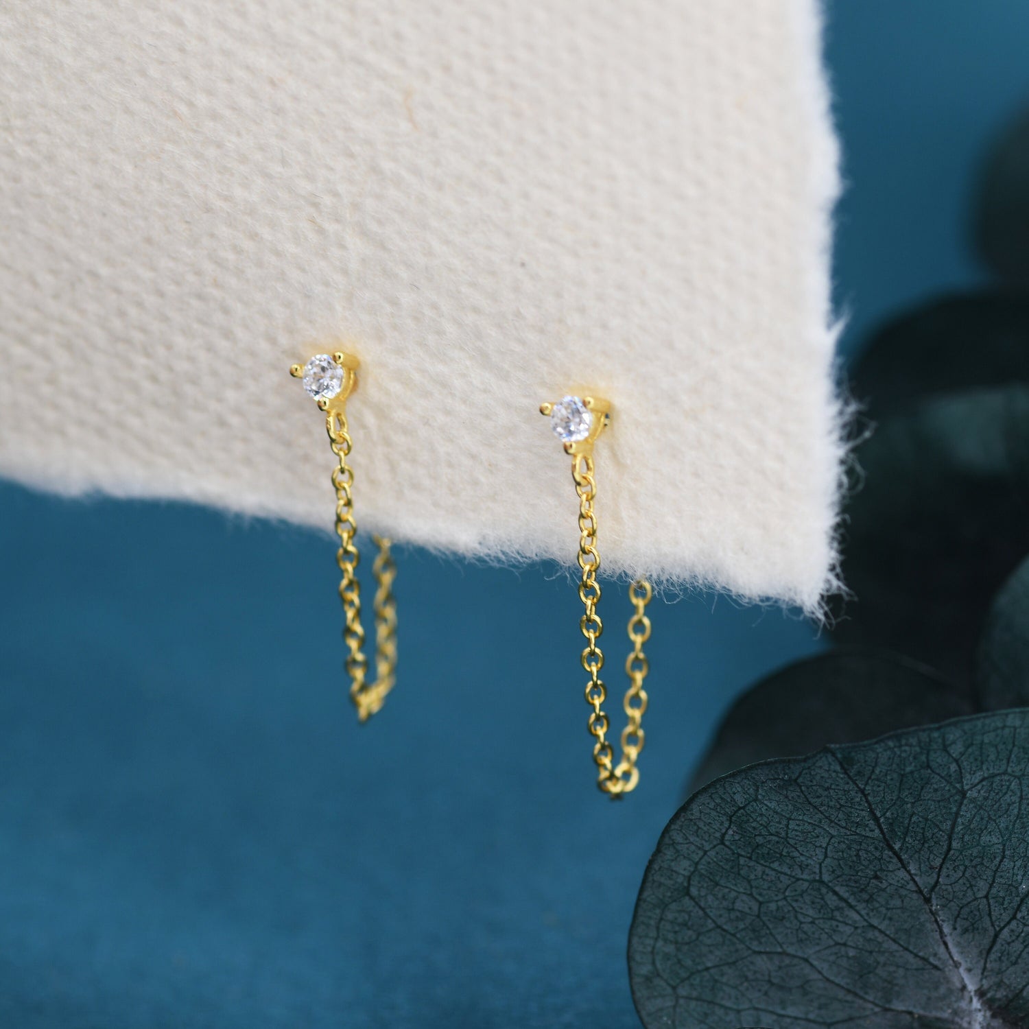 CZ and Chain Ear Jacket in Sterling Silver, Silver or Gold, Front and Back Earrings, Two Part Earrings, CZ with Linking Chain Earrings