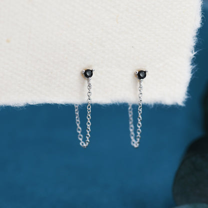 Black CZ and Chain Ear Jacket in Sterling Silver,  Silver or Gold, Front and Back Earrings, Two Part Earrings, CZ with Linking Chain Earring